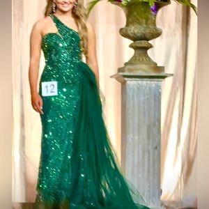 Jovani Emerald Green One-Shoulder Sequin Gown with Sheer Drape